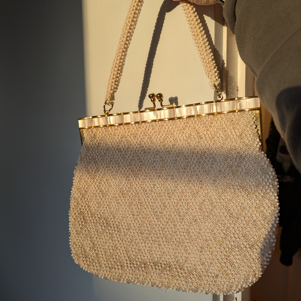 Handmade beaded vintage 1960s ivory handbag